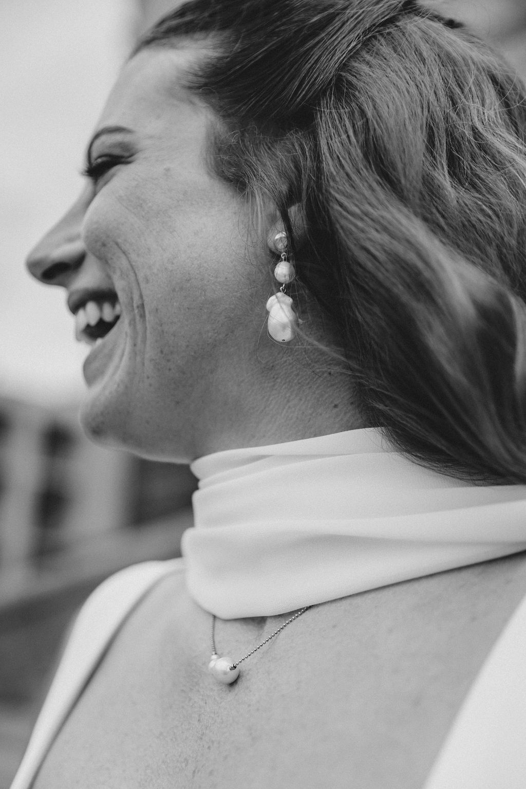 Black and white close-up photo series showing pearl earrings and neck details in an elegant composition.