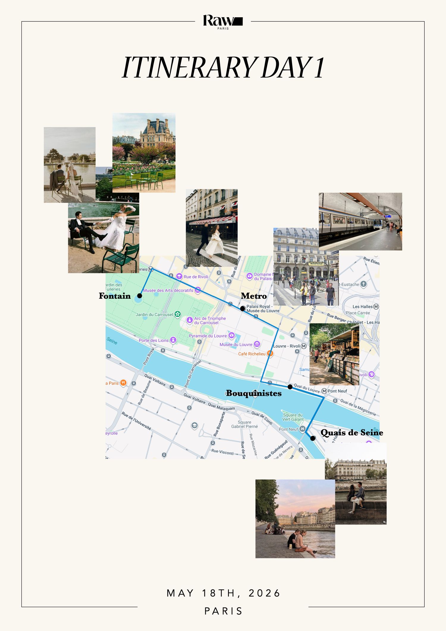Paris Day 1 itinerary map with photos of the Seine, Bouquinistes, Metro, Fontaine, and Quais de Seine landmarks.