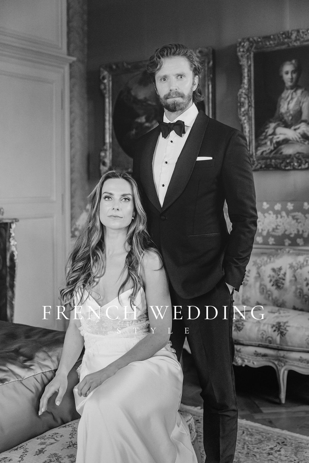 Timeless black and white wedding photography in an elegant historic interior.