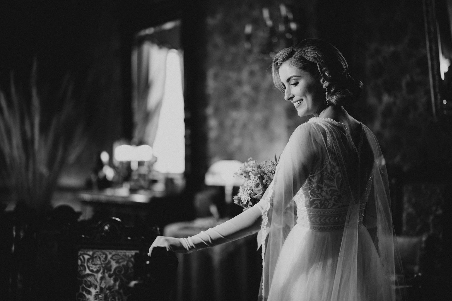 A black and white wedding photo series showing intimate moments between a couple on their special day. Wedding in Villa Retiro.