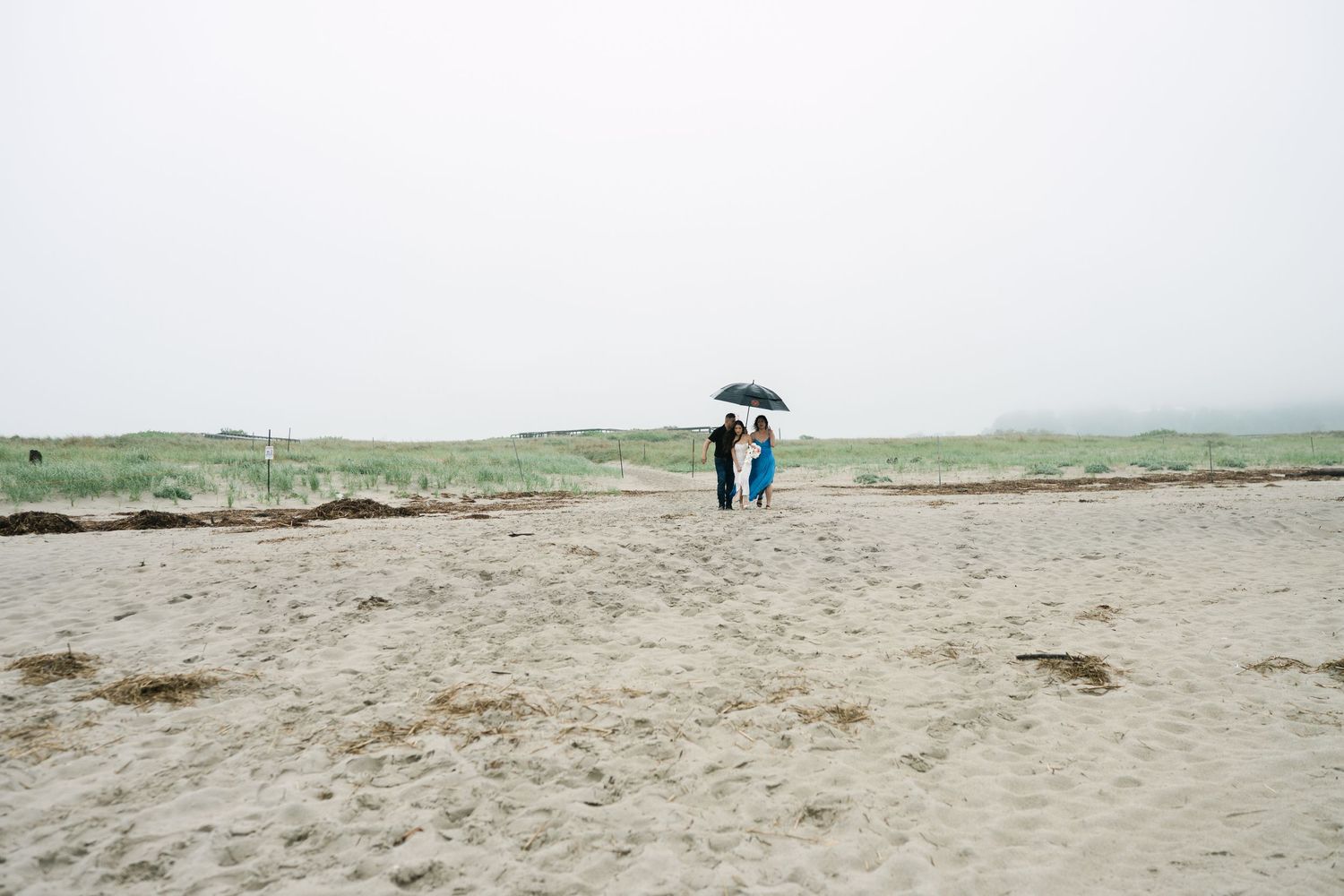Distant figures with umbrellas walk along a misty beach shoreline.