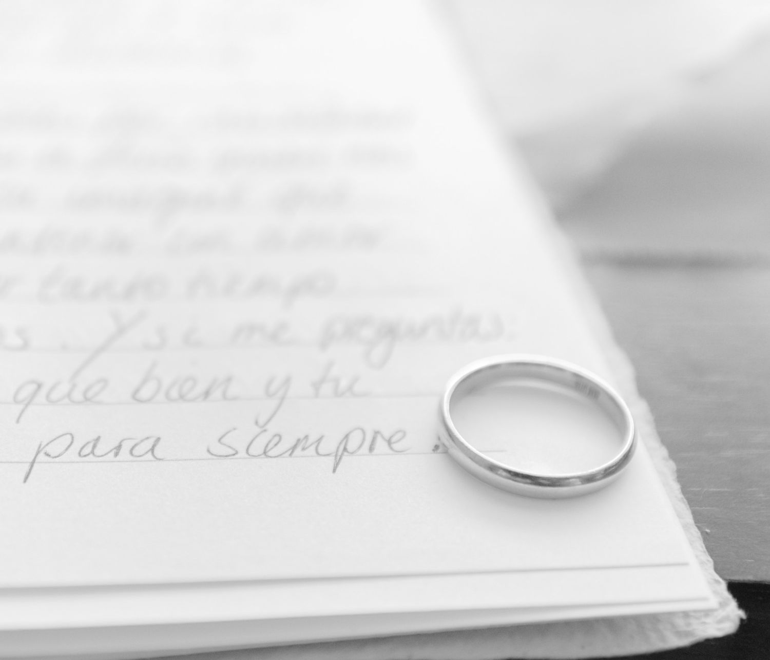 Wedding rings displayed with handwritten text on elegant stationery.