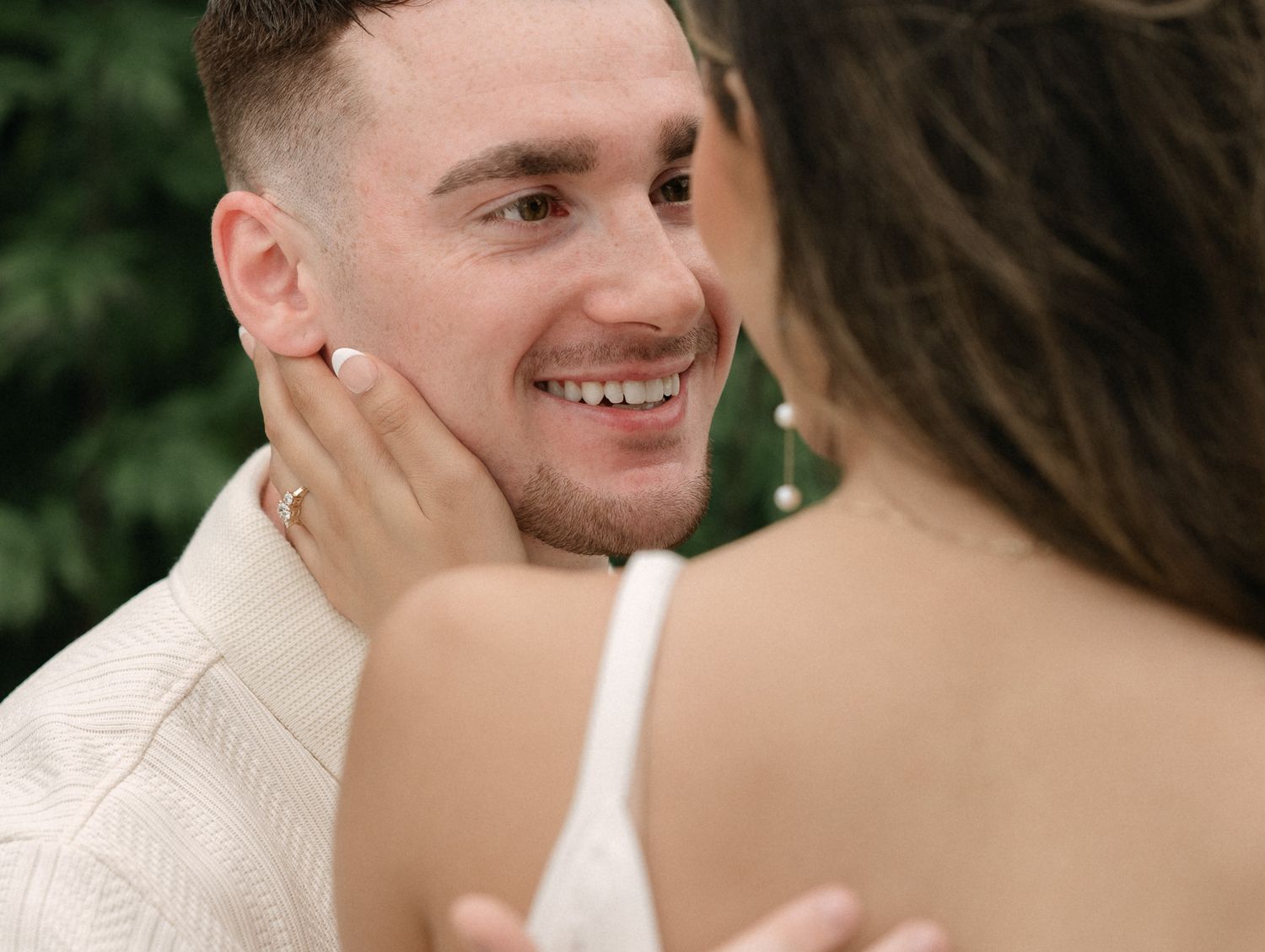 Close-up candid shots of couple sharing joyful moments together.