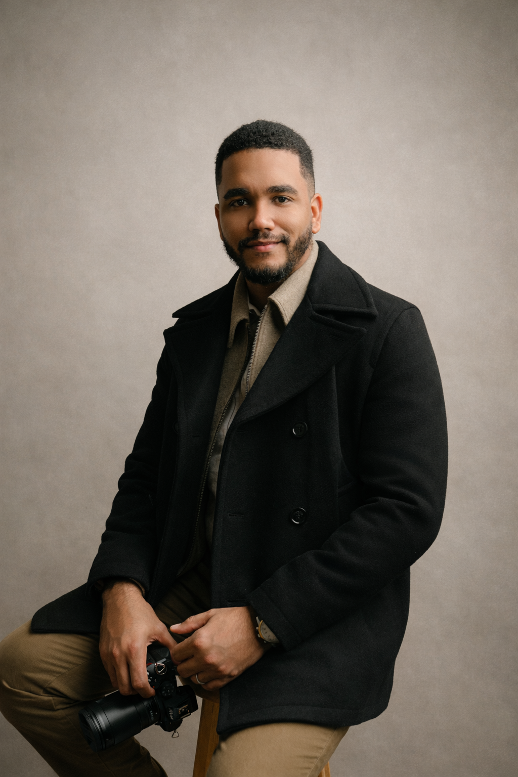 Professional studio portraits featuring a person in a black peacoat against a neutral background.