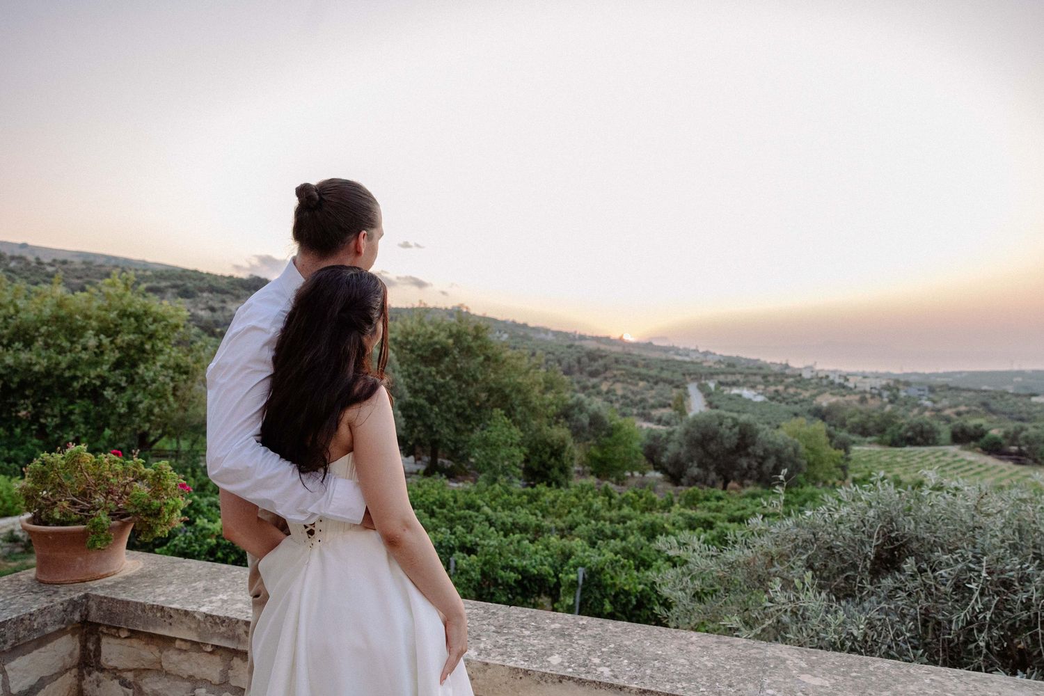 a bride and groom watching the sunset embraced with their backs on the camera looking at a nature view