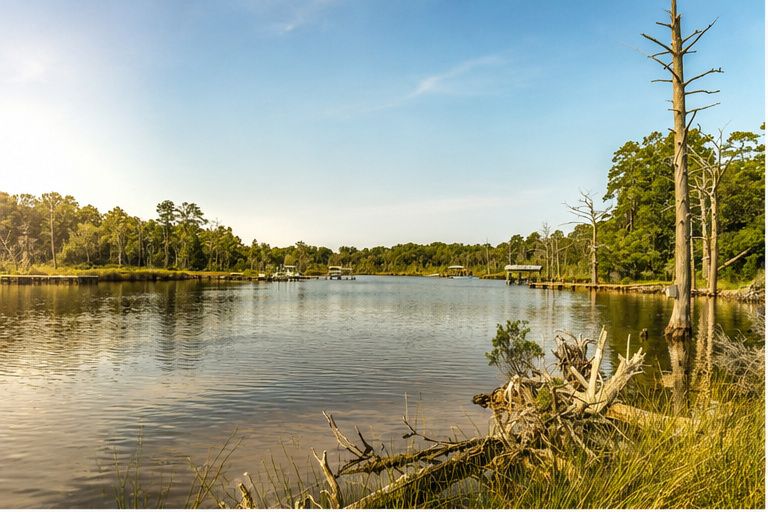 Tranquil river view with lush green trees and a private wooden boat ramp, shot for an Eastern NC waterfront Property Listing, Bath,  NC.