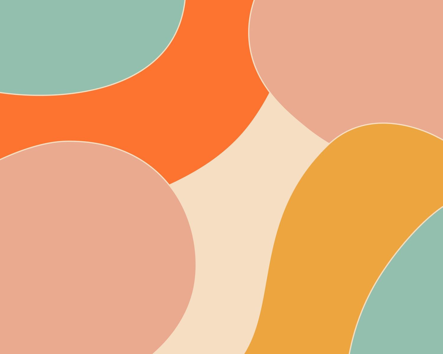 Retro abstract art with rounded shapes in orange, teal, peach, mustard, and cream pastel tones.