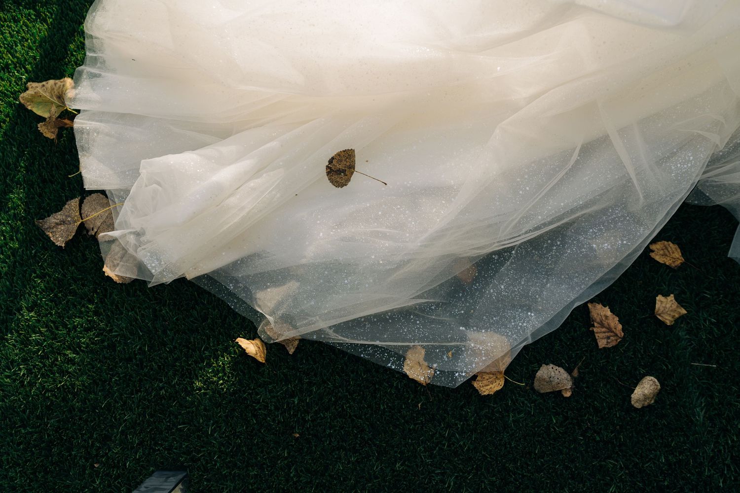 Close-up of white tulle wedding dress train spread on green grass with scattered autumn leaves.