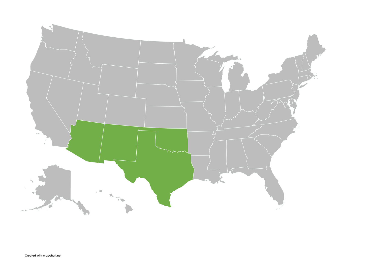Map of the USA highlighting the South Central region states of Texas, Oklahoma, New Mexico, and Arkansas in green.