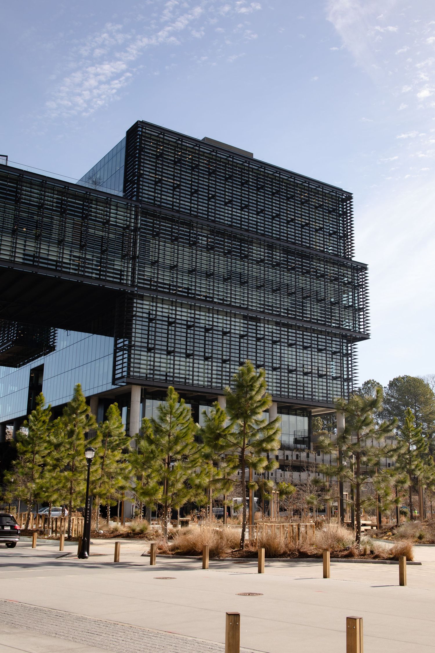 Modern glass office building with cantilevered design stretches across desert landscape with young palm trees and lampposts.
