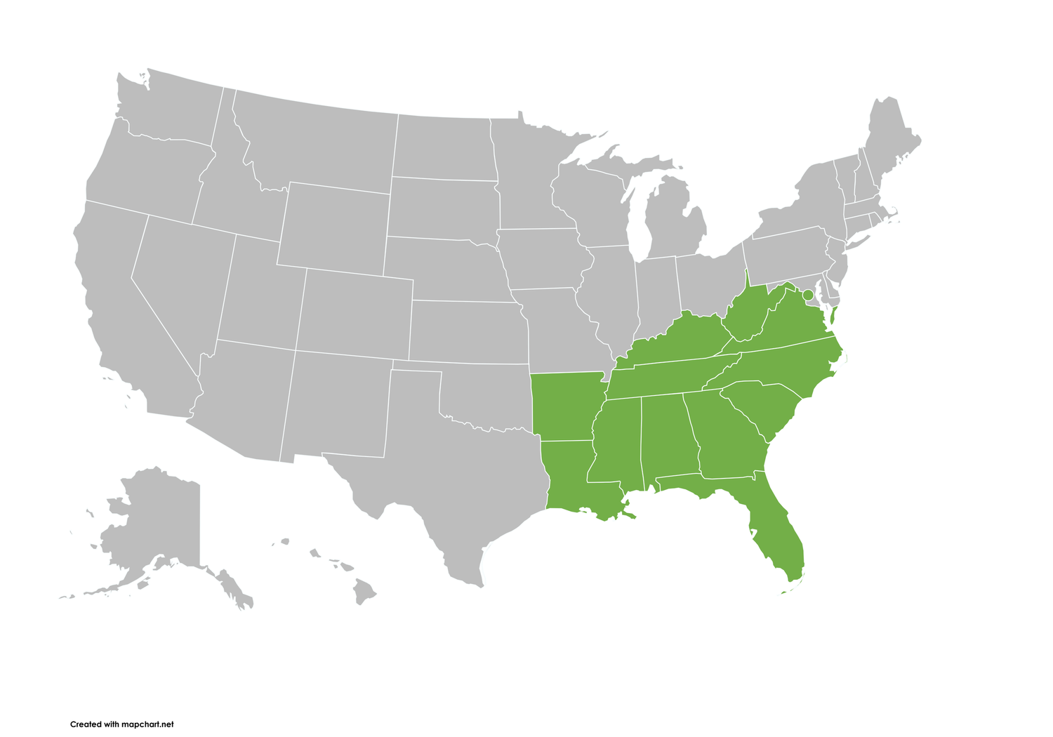 Map of the USA highlighting the Southeastern states in green, including Florida, Georgia, and surrounding region.