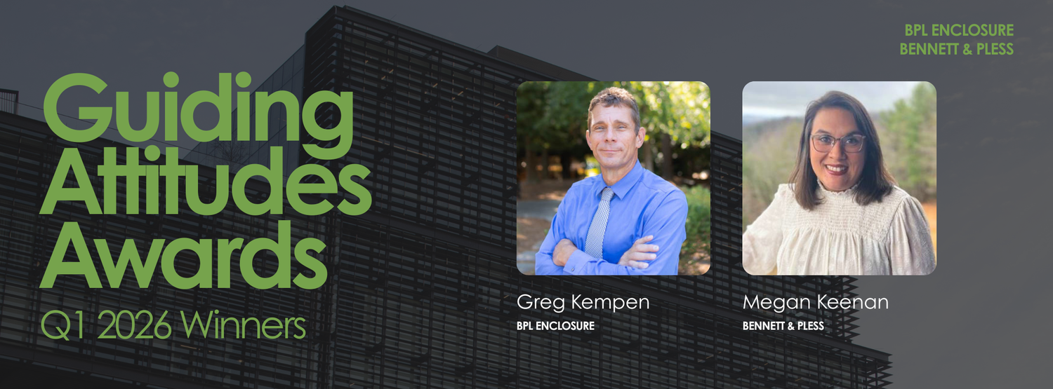 Banner for Guiding Attitudes Awards Q1 2026 Winners featuring headshots of Greg Kempen and Megan Keenan from Bennett & Pless.