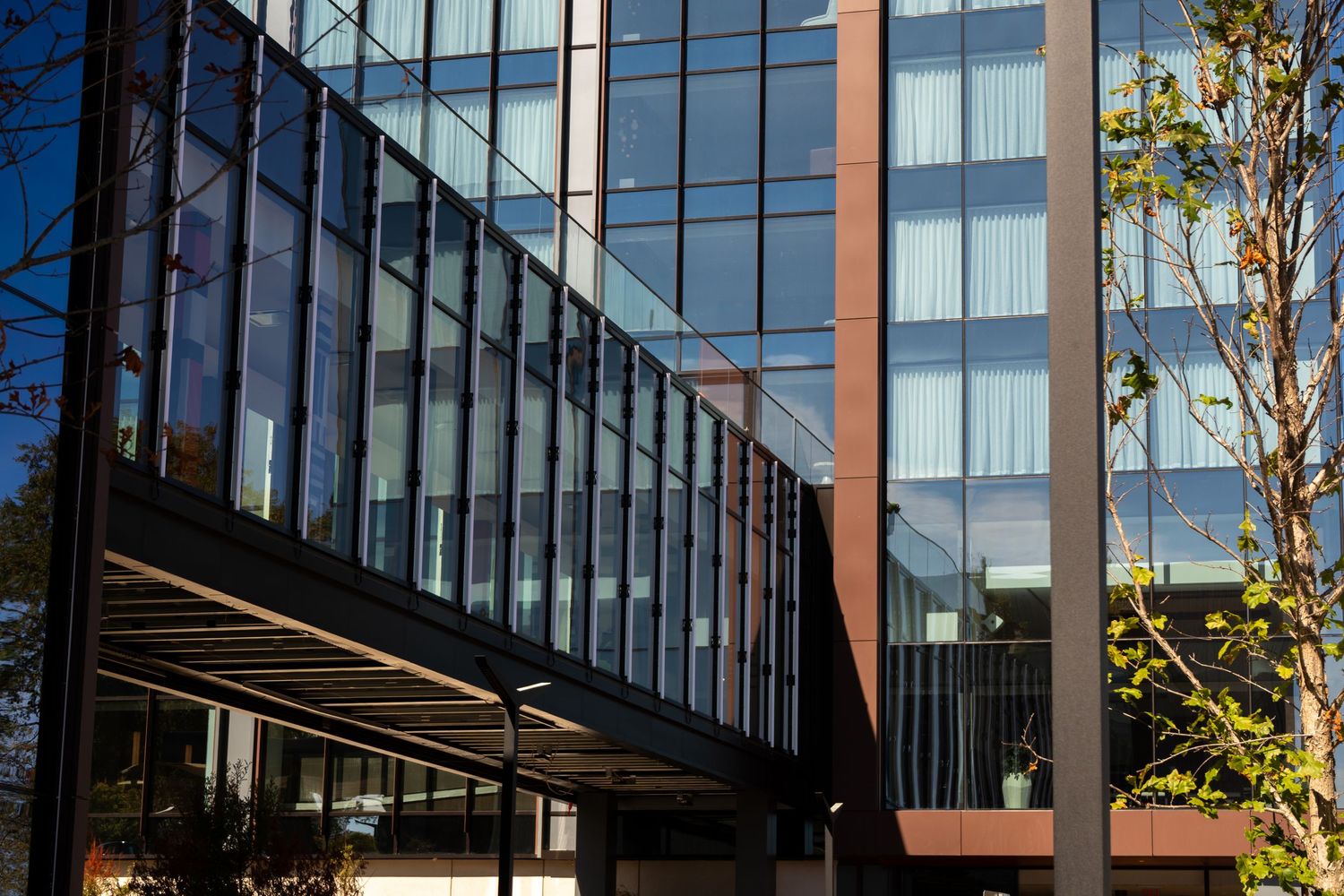 Modern glass office building exterior with geometric lines and reflective windows against a blue sky.