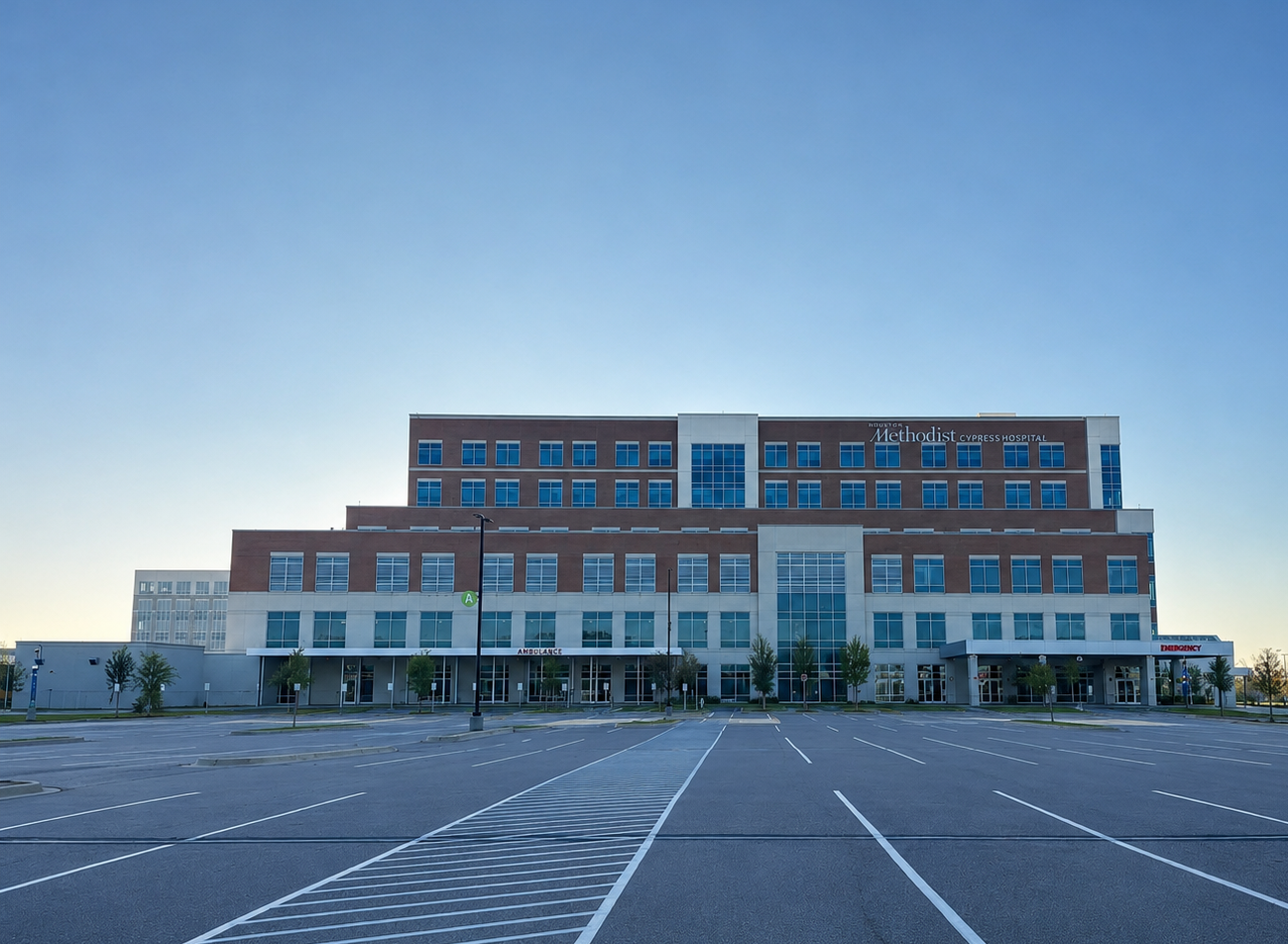 Modern multi-story brick office building with large windows under a clear blue sky, surrounded by an empty parking lot.