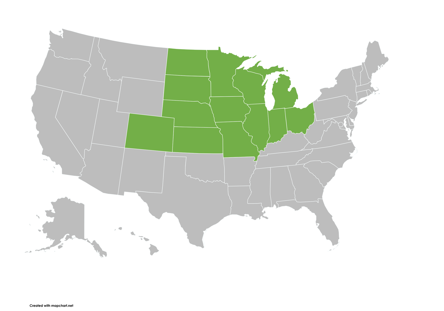 Map of the USA highlighting Midwest states including Ohio, Michigan, Wisconsin, Minnesota, Iowa, and Colorado in green.