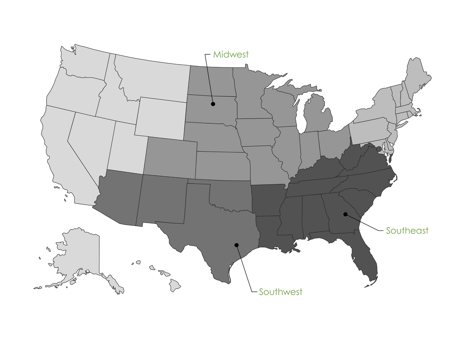 US map highlighting Midwest, Southwest, and Southeast regions in varying shades of gray.