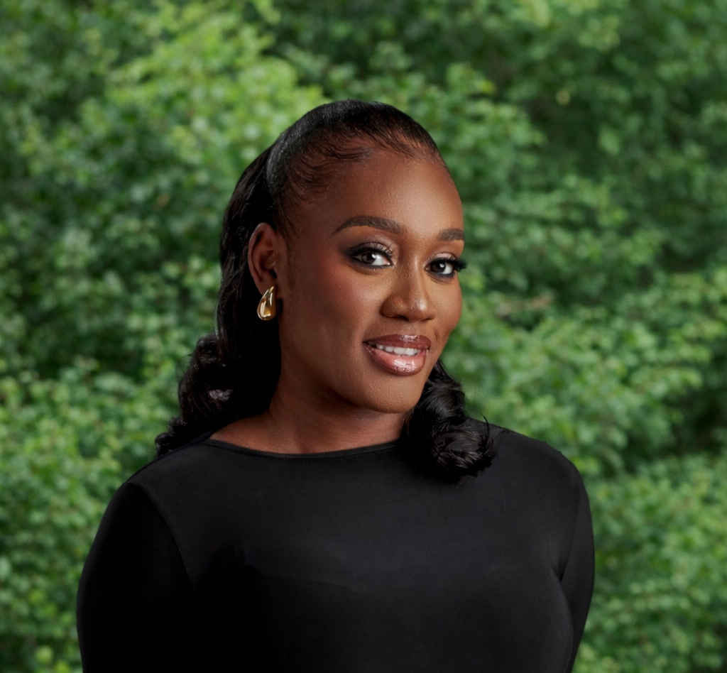 Portrait series of someone in a black top against lush green foliage background, showing different poses and expressions.