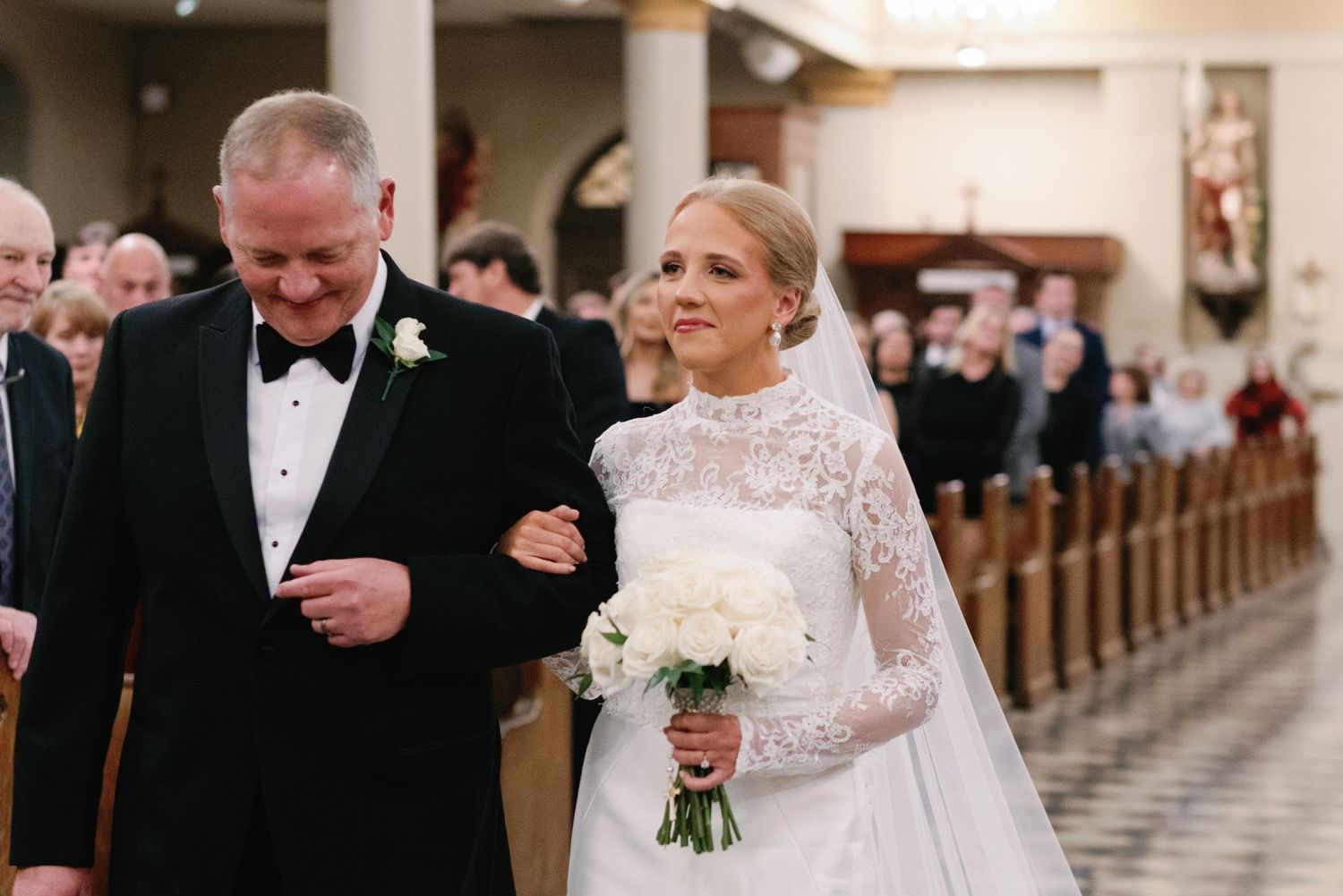 A series of wedding ceremony photos showing a bride and groom during their special day in a church setting.