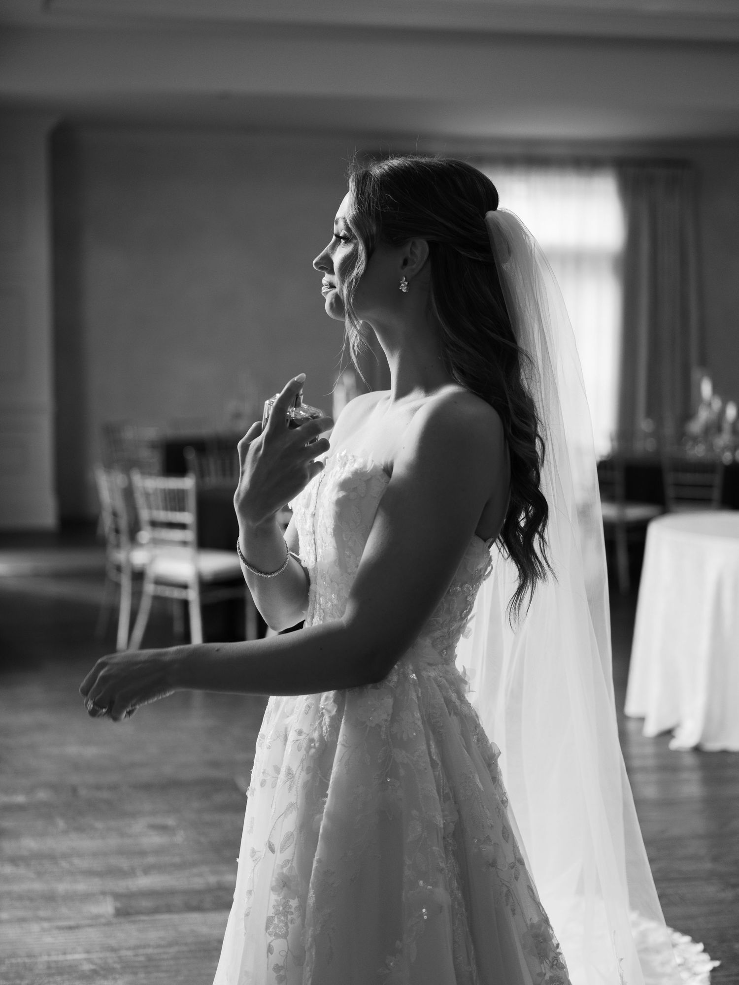 Black and white portrait of elegant wedding dress and veil in natural window light.