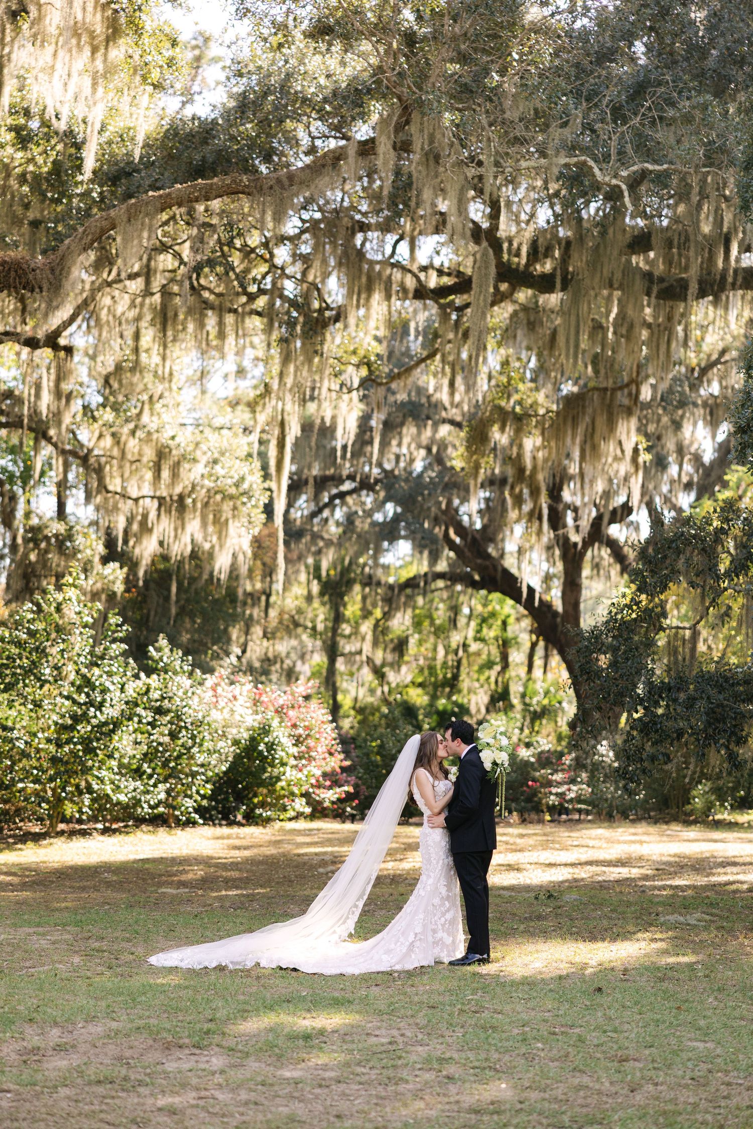 A bride and groom share a kiss under the spanish moss at Honey Horn in Hilton Head, South Carolina.