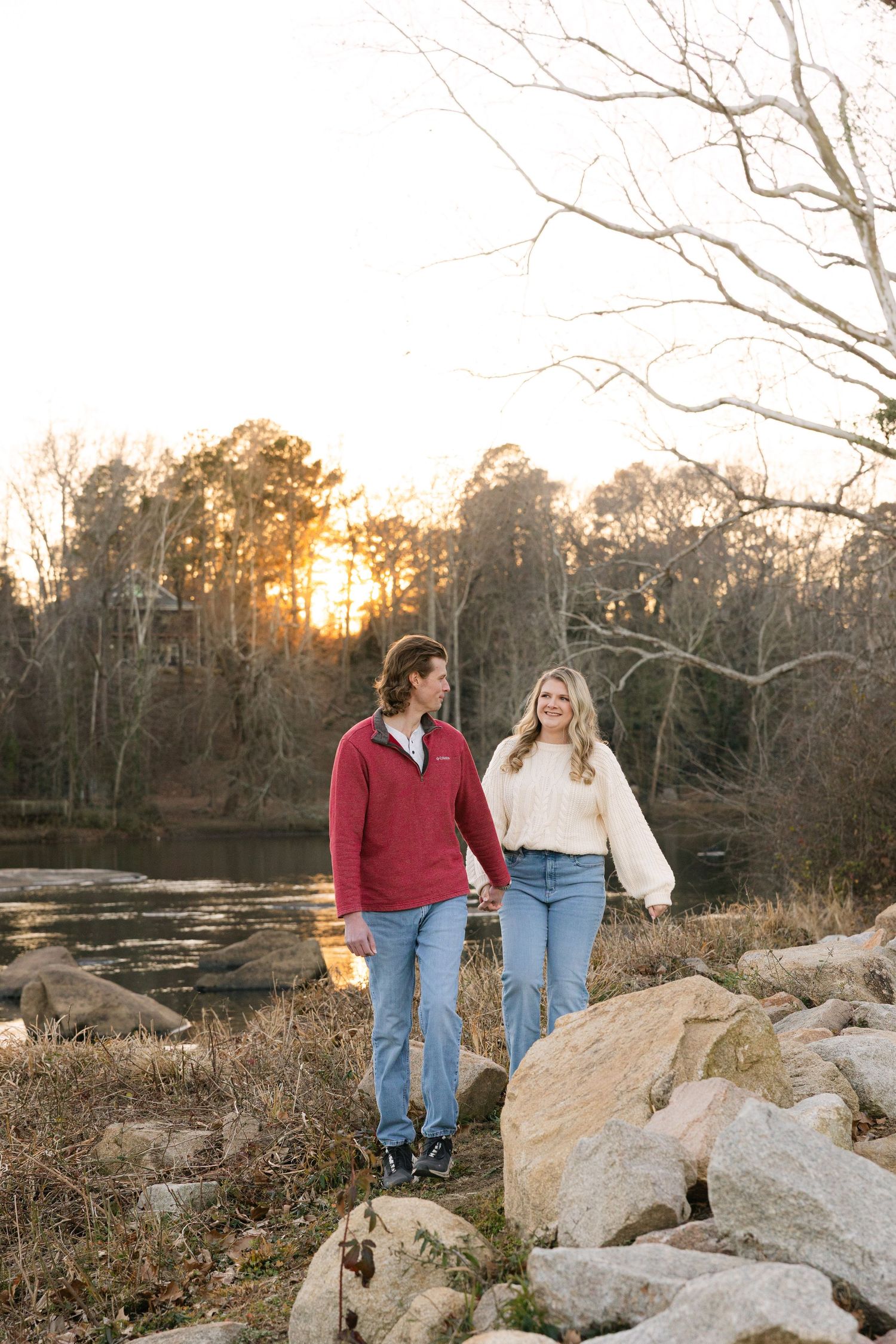 A couple takes a walk at the Saluda Riverwalk in Columbia, South Carolina.