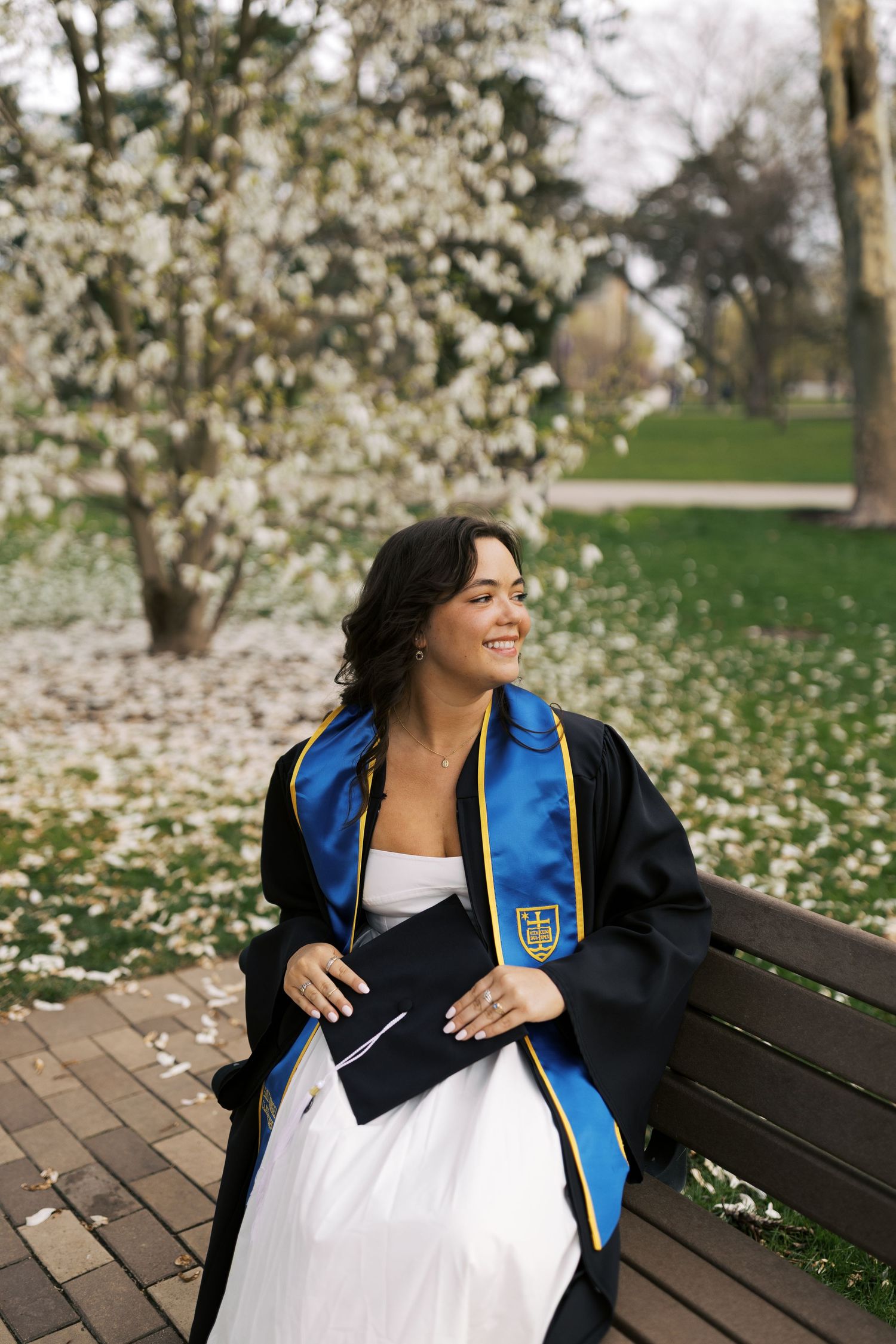 Graduate in blue stole and black gown sits on wooden bench surrounded by blooming white cherry blossoms in spring.