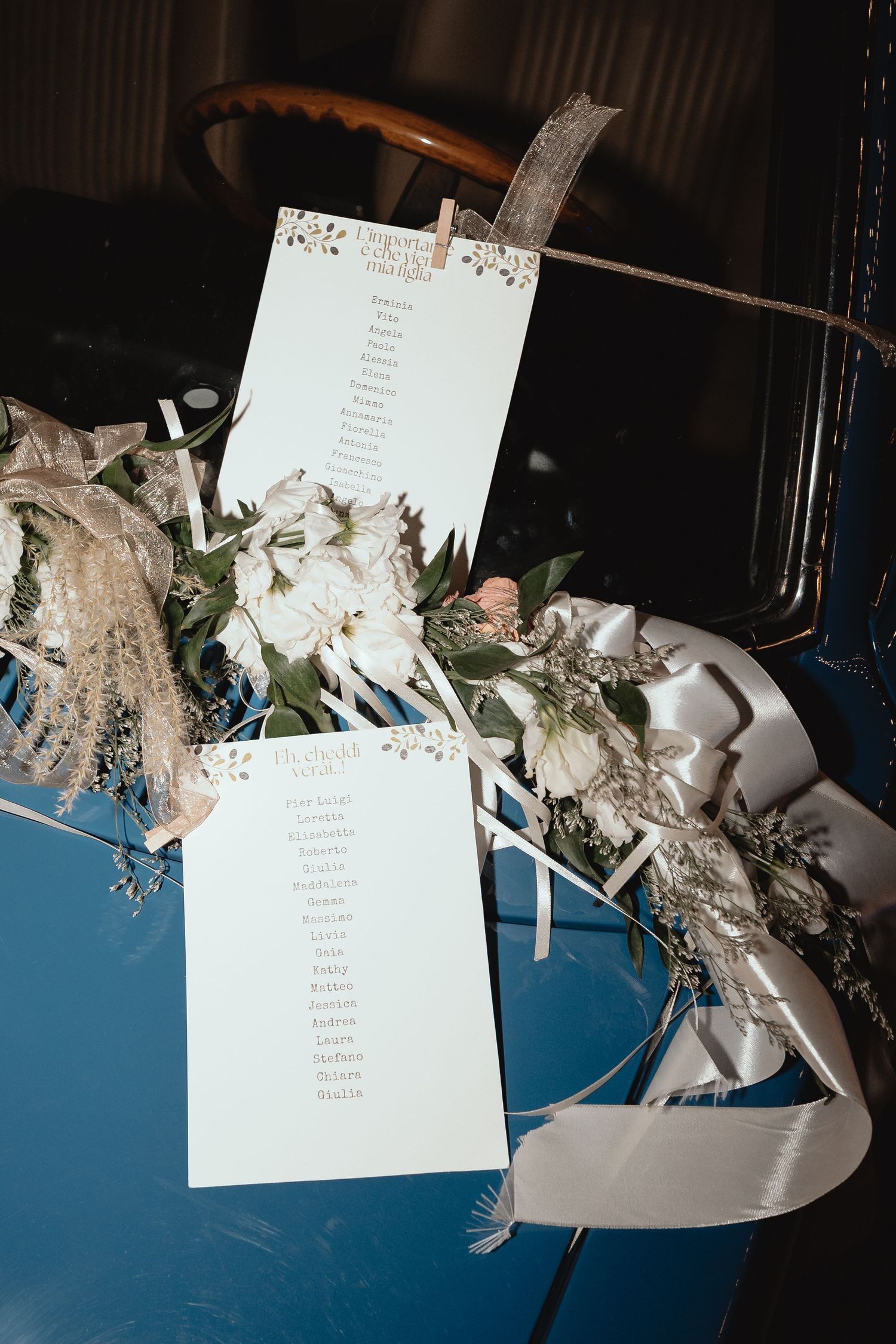 Wedding seating chart decorated with delicate white flowers and ribbons against a blue background.