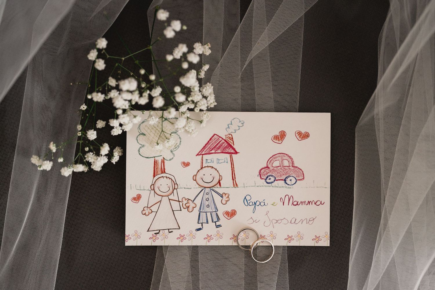 Wedding rings displayed on a cute child's drawing with hearts and house.