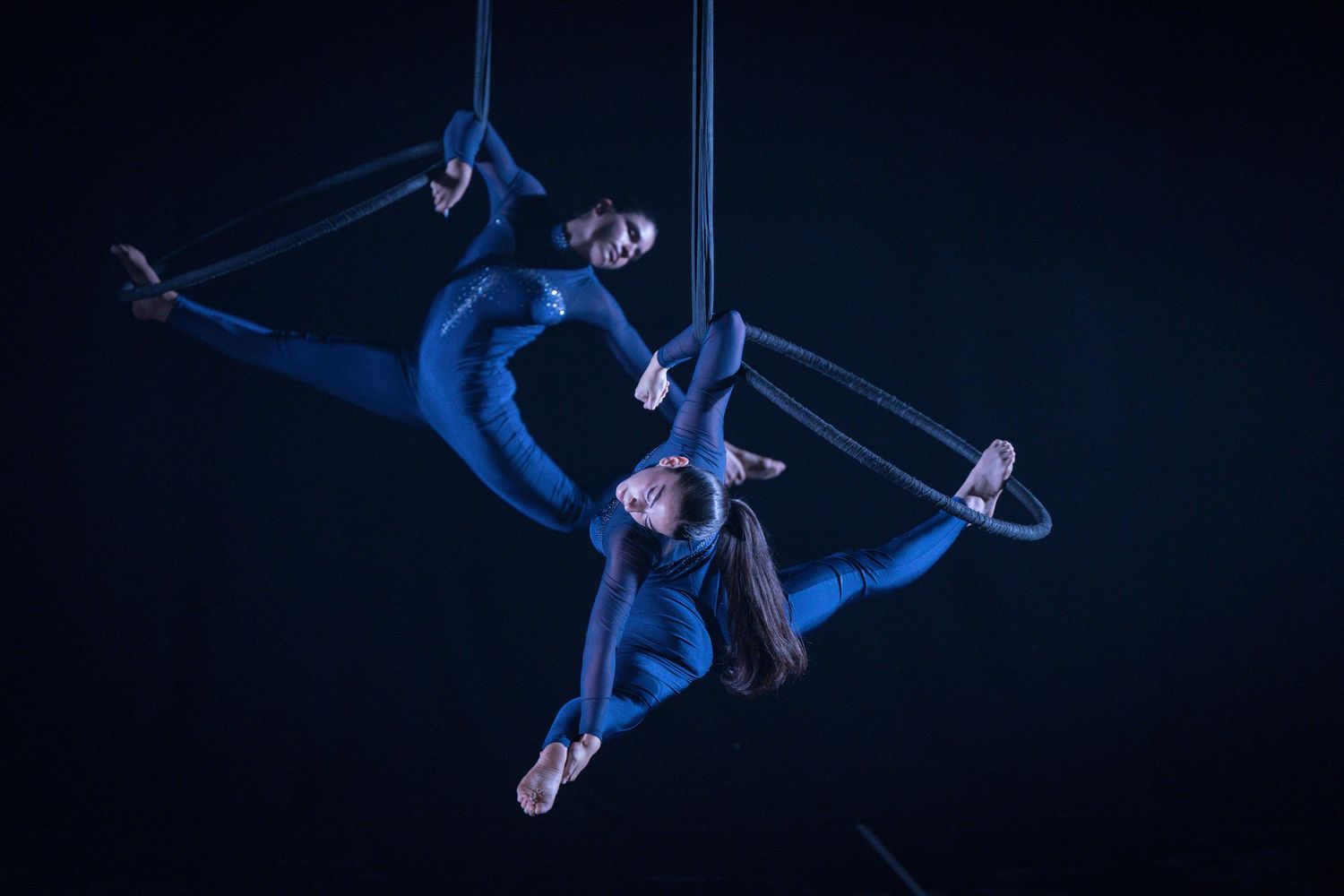 Aerial acrobat performs graceful movements in blue-lit performance space while suspended from ceiling.