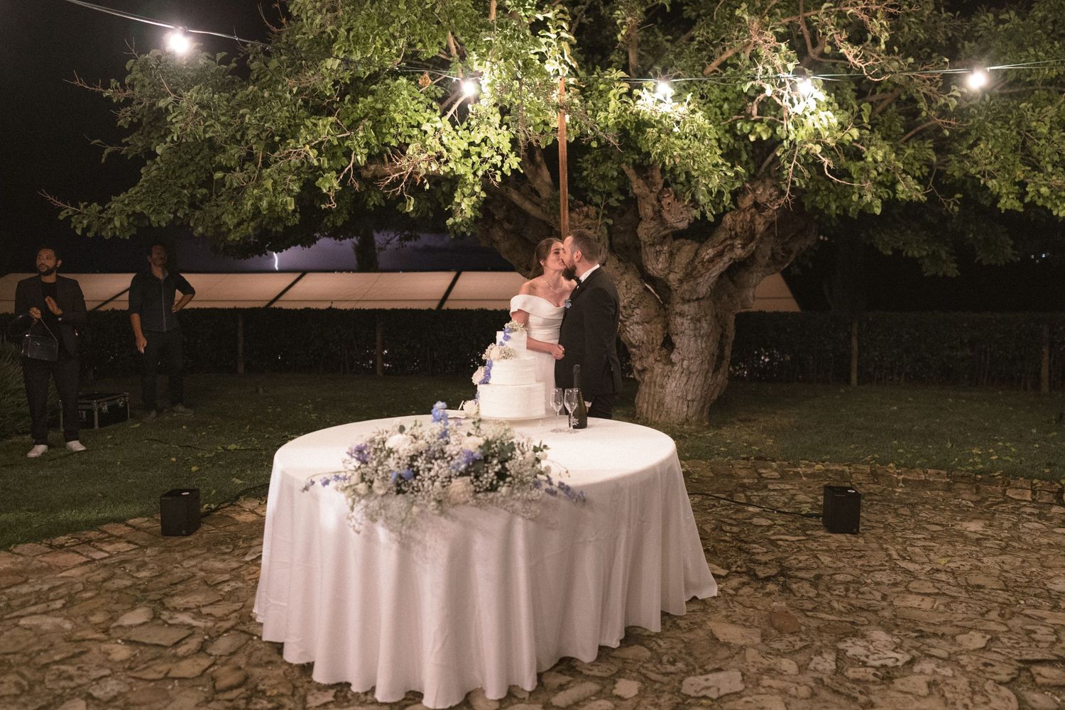Elegant white wedding cake displayed on round table under illuminated tree.