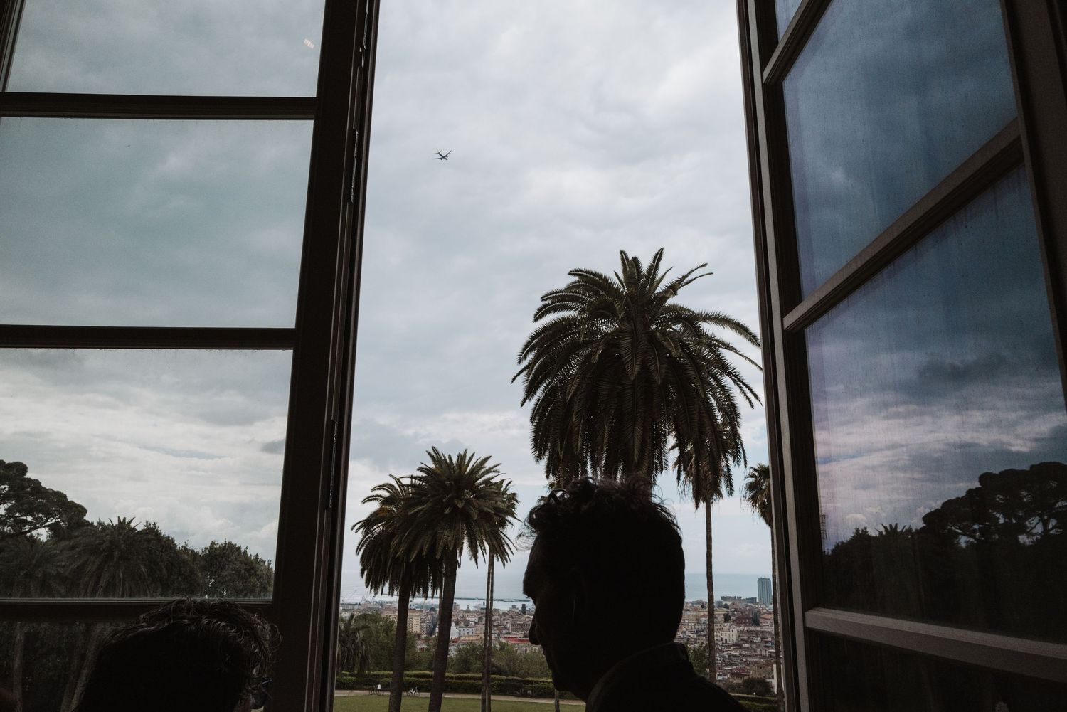 A silhouetted figure gazes through a window at palm trees against a moody, cloudy sky.