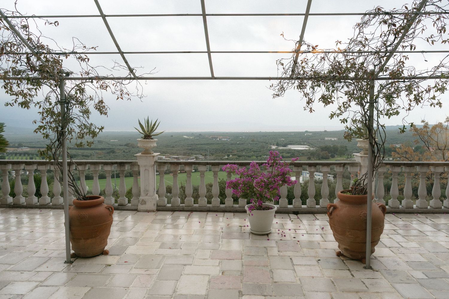 Stunning villa terrace with ornate balustrade overlooking lush green countryside landscape with potted plants.
