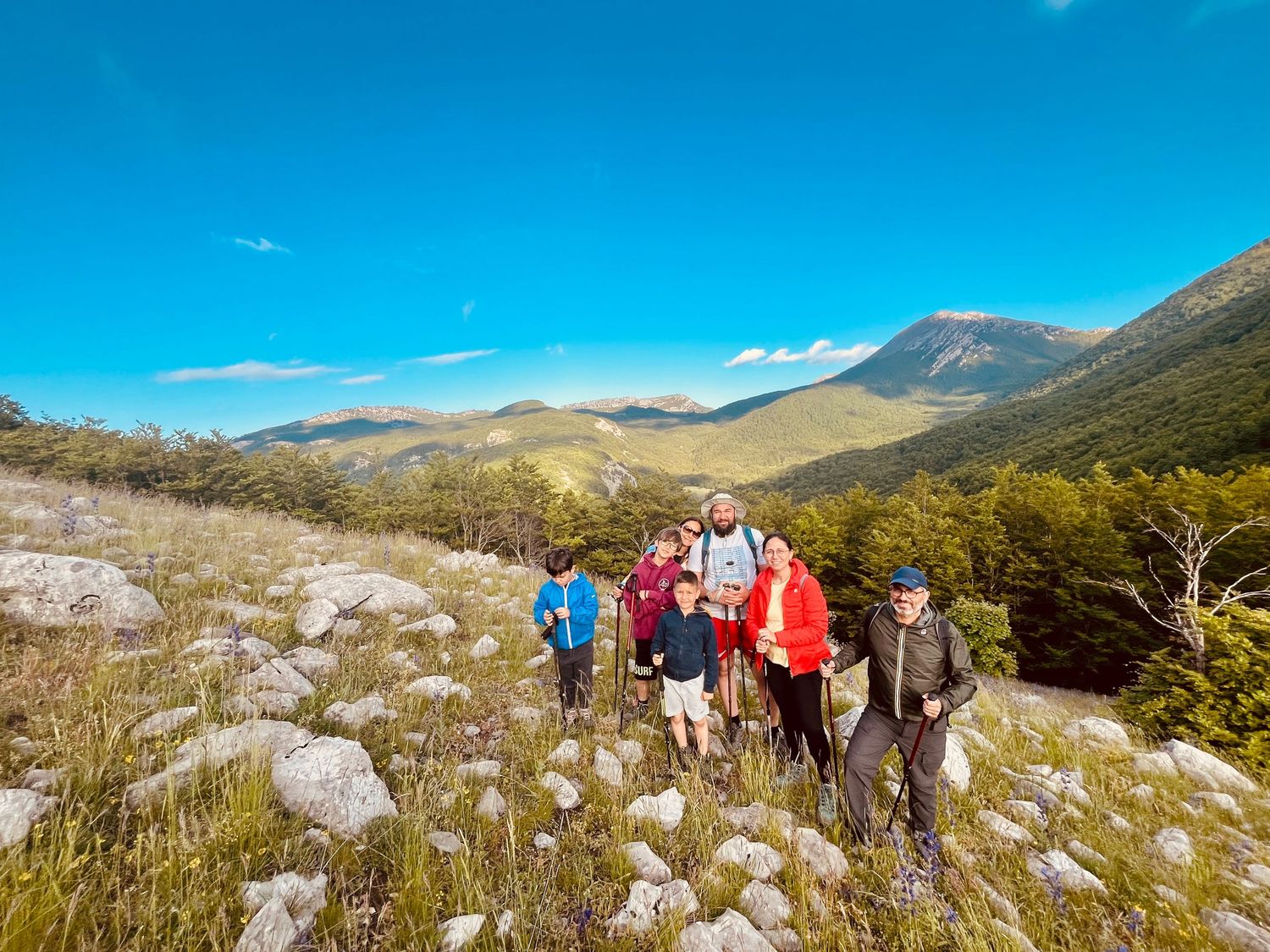 Hikers on a scenic mountain trail traverse rocky terrain under bright blue skies in wilderness landscape.