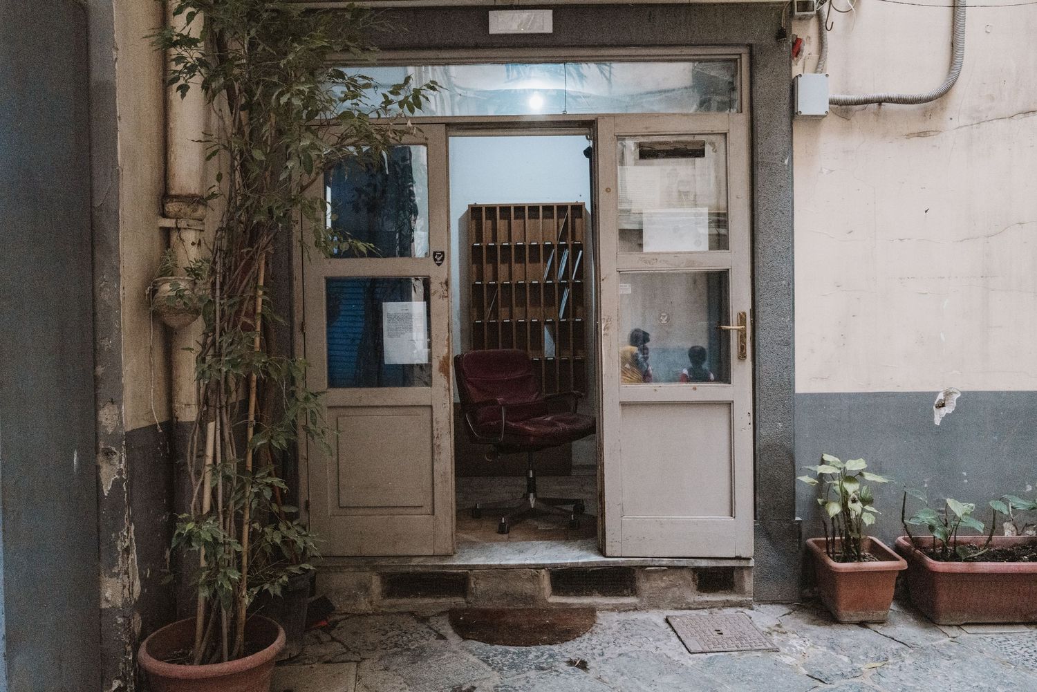 A rustic doorway entrance with potted plants and traditional wooden doors leading into an interior space.