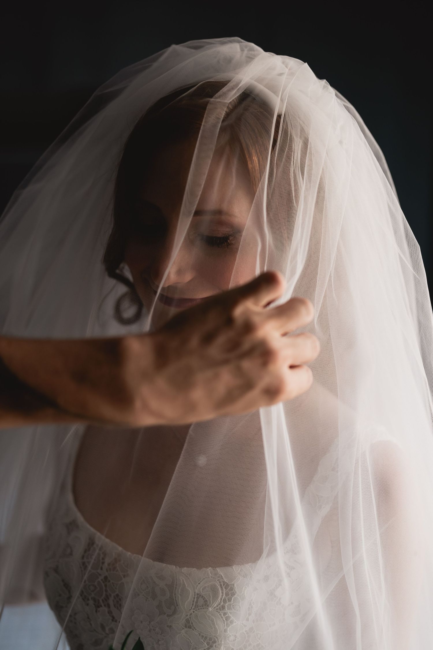 Ethereal bridal portrait through delicate tulle veil in dramatic lighting.