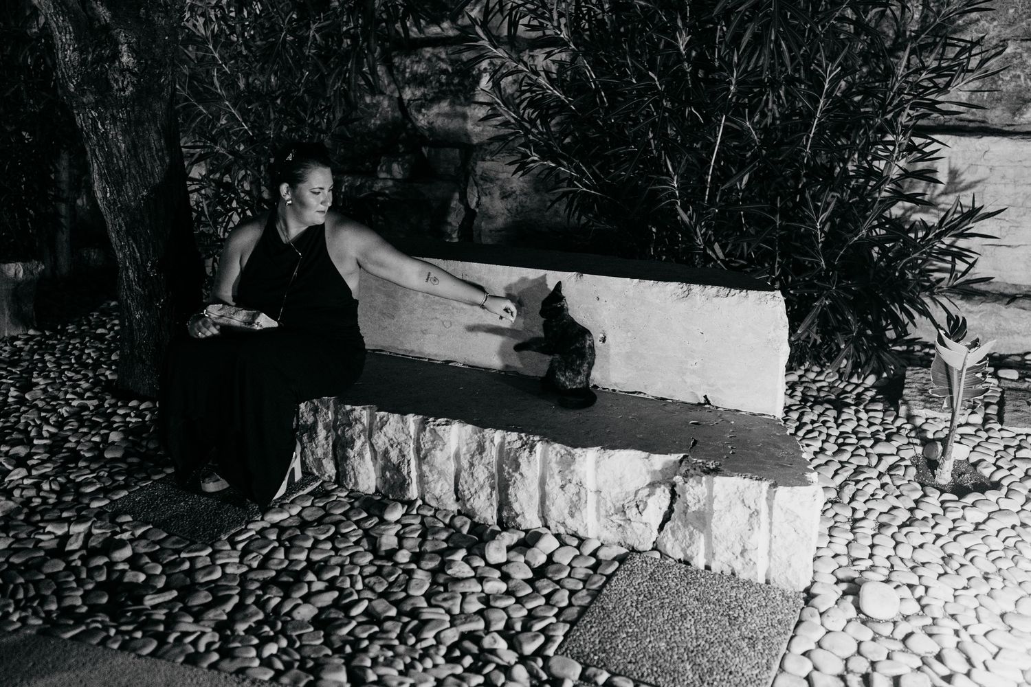 Black and white photo of a woman sitting on a stone bench surrounded by rocks and bamboo plants.