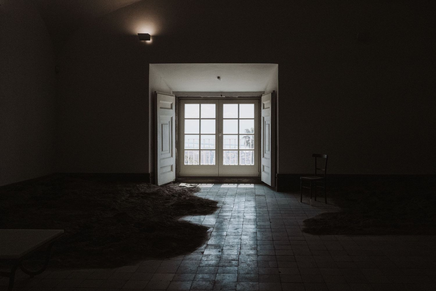 Dark empty room with light streaming through French doors at the end of a hallway.