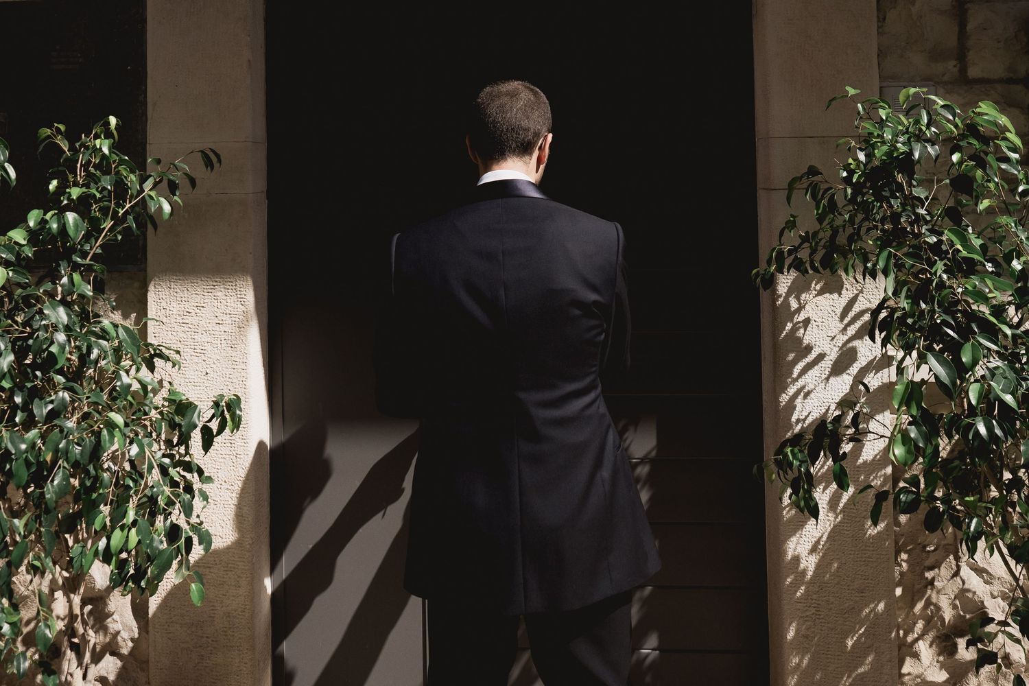 Silhouette of person in formal attire between decorative plants in dramatic lighting.