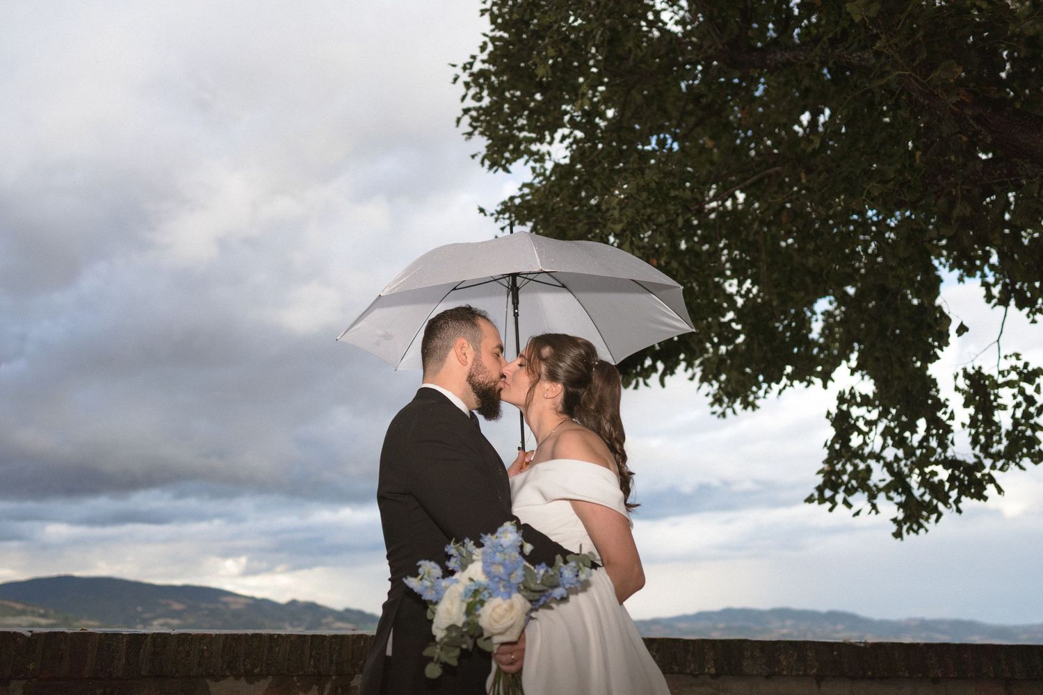 Romantic wedding couple sharing intimate moments under a tree with cloudy sky backdrop.