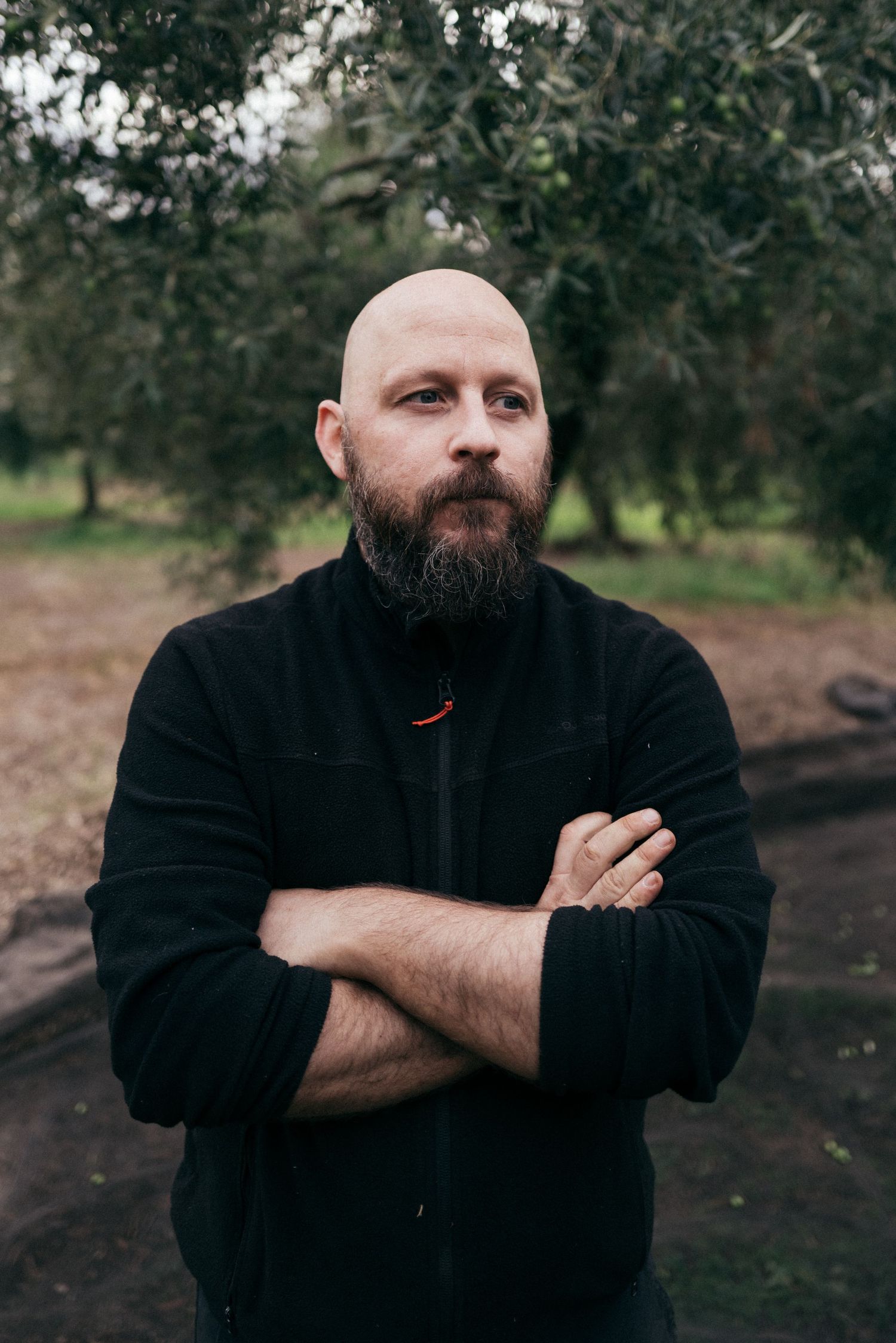 Man in black jacket with crossed arms standing in an olive grove.