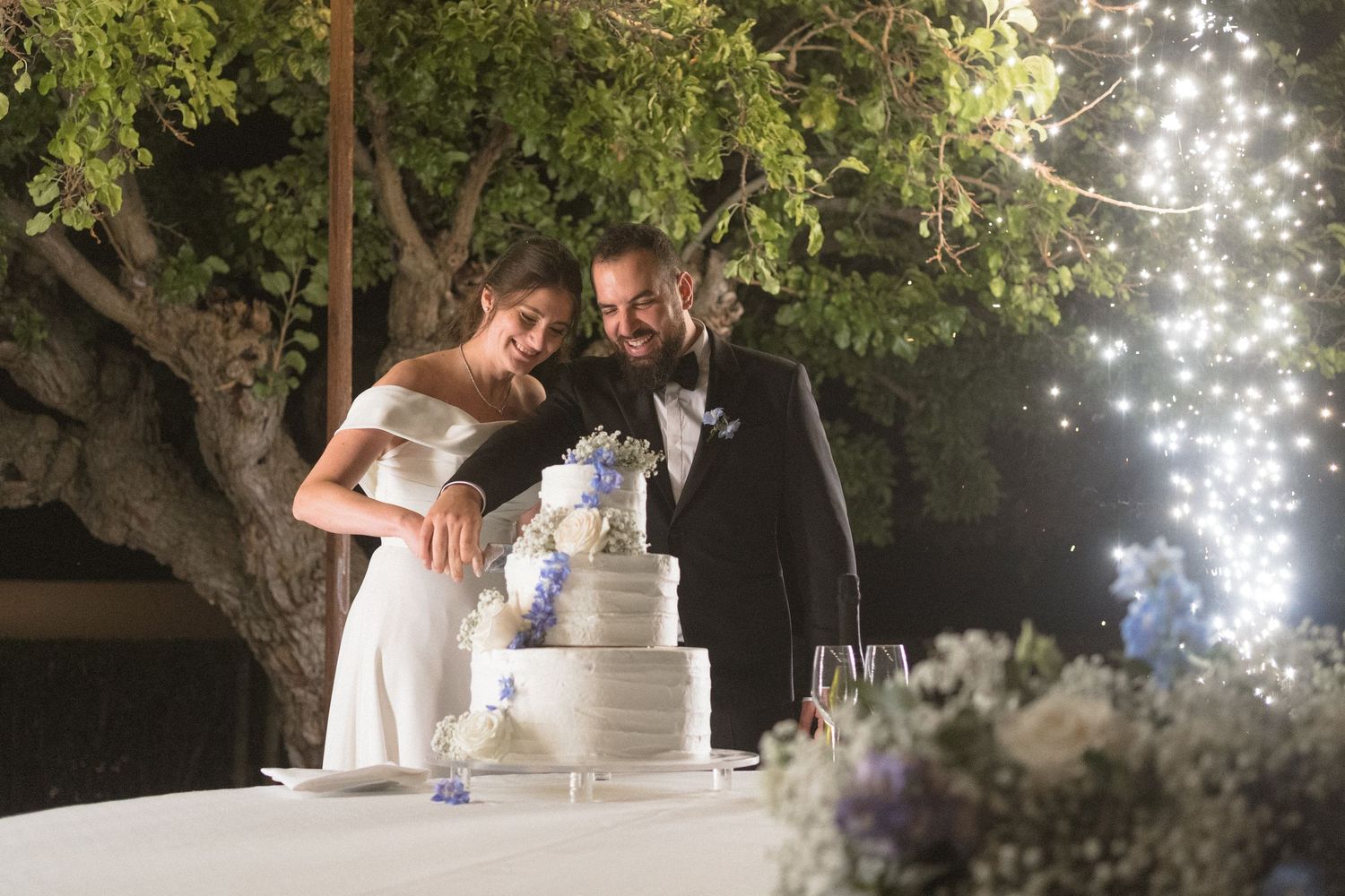 Wedding cake cutting scene at night with twinkling lights and tree branches overhead.