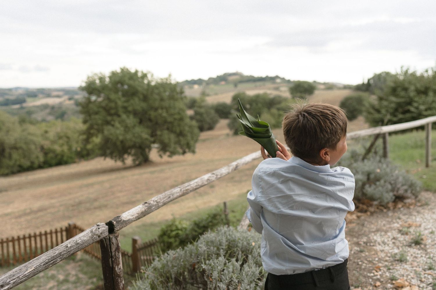 Rolling hills and rustic countryside landscape provide a scenic backdrop for a wedding celebration.