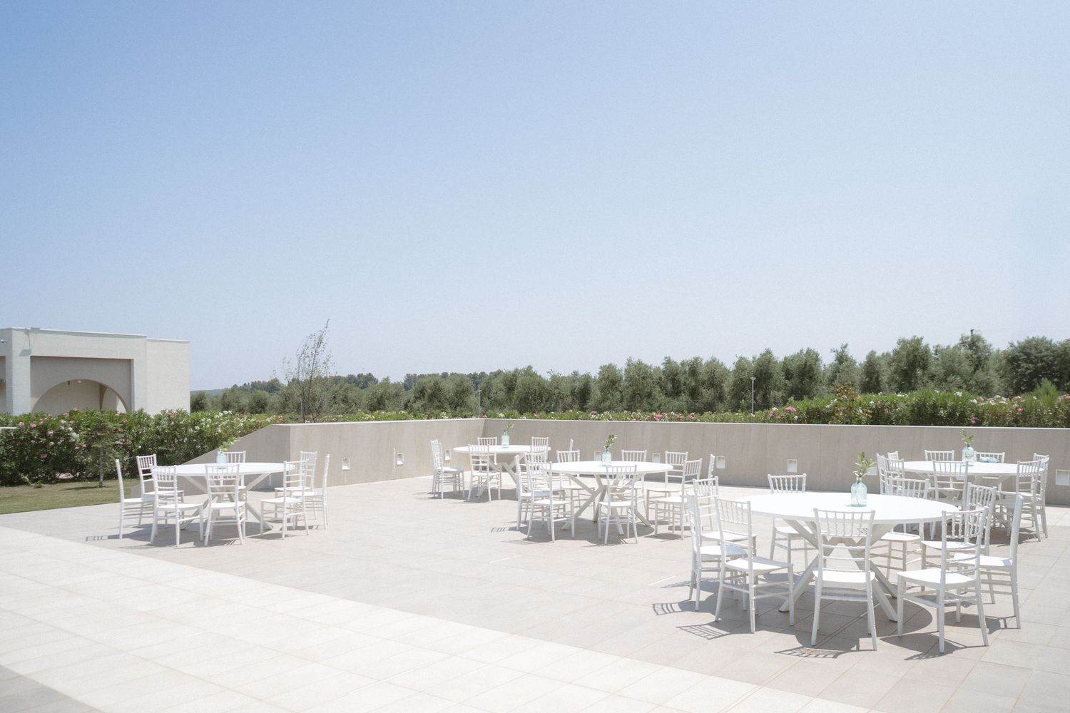 White metal chairs and tables arranged on a sunny beach with palm trees and blue ocean in the background.