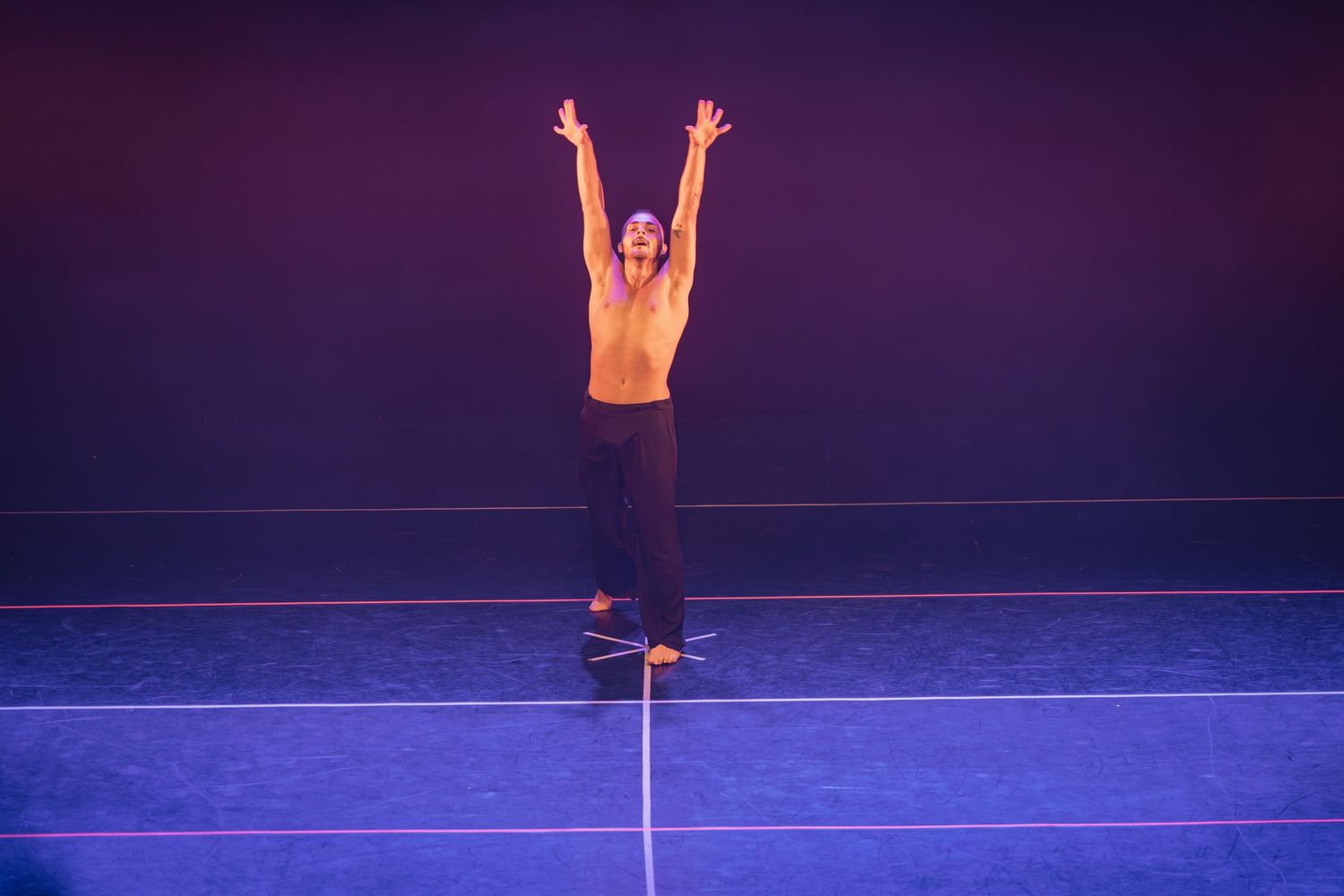 Silhouetted dancer performs a graceful leap against a dark stage with dramatic purple lighting.