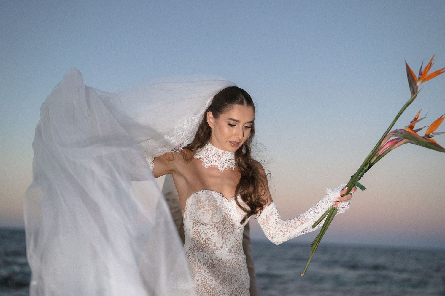 Bride in a lace wedding gown holds orange bird of paradise flowers as her veil billows in the wind on a beach at sunset.