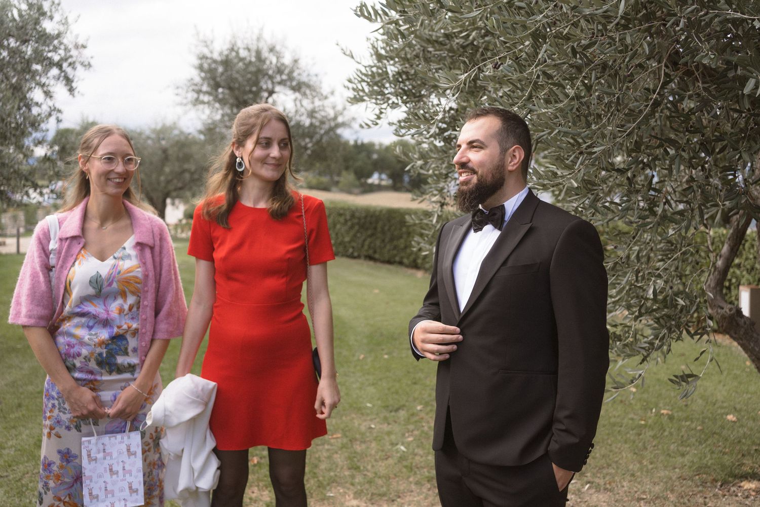 Wedding party gathering on a grassy lawn surrounded by olive trees.