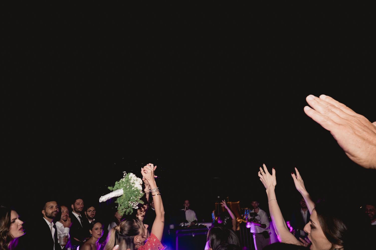 Silhouetted crowd with raised hands celebrating at a nighttime event.