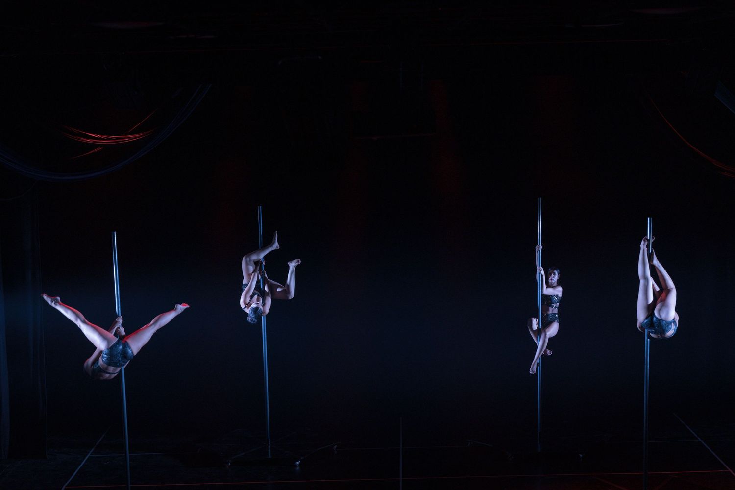 Multiple aerial performers create elegant silhouettes on vertical poles in a darkened theater space.