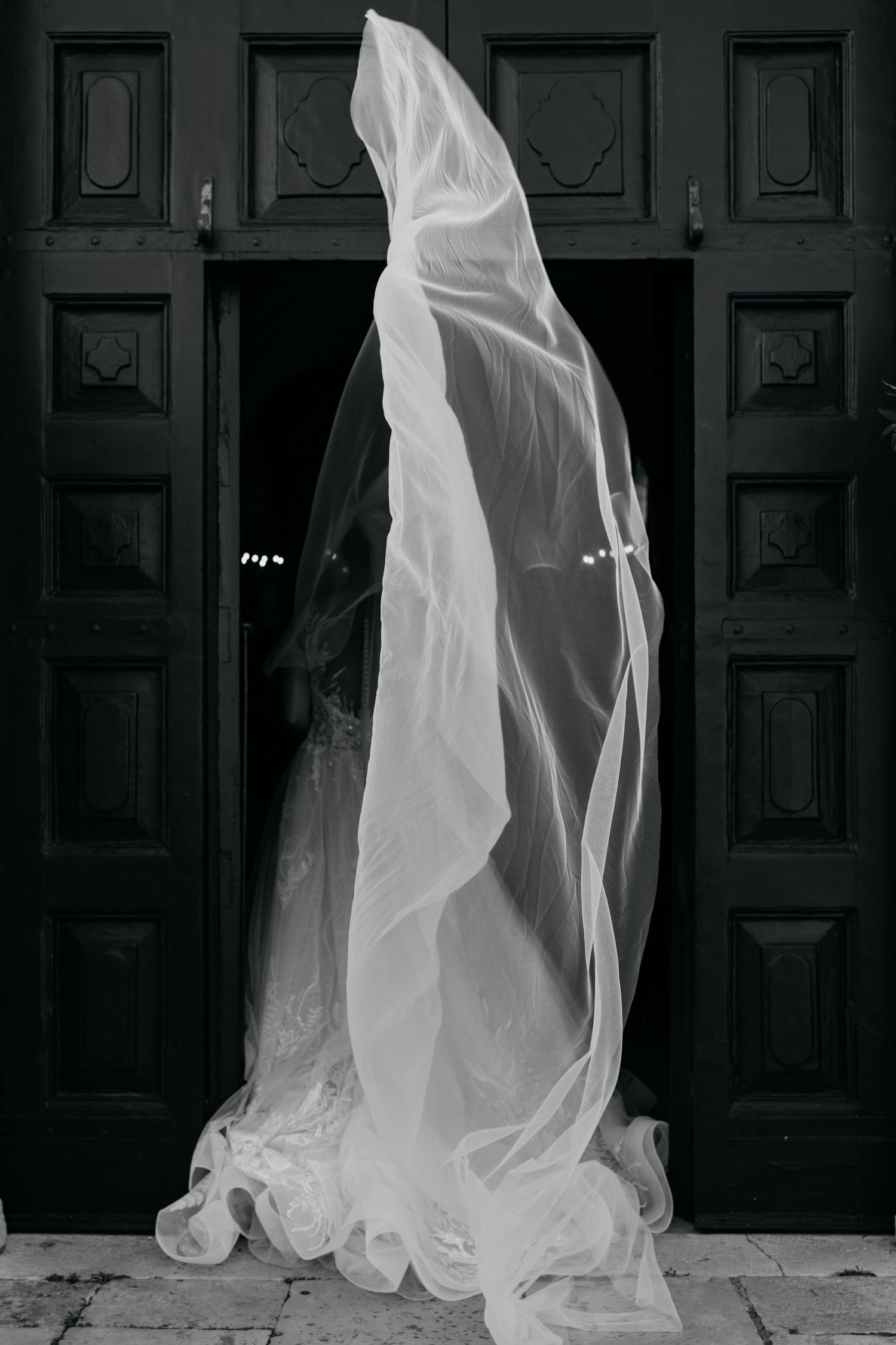 A dramatic black and white photo of a flowing wedding veil against dark wooden doors.