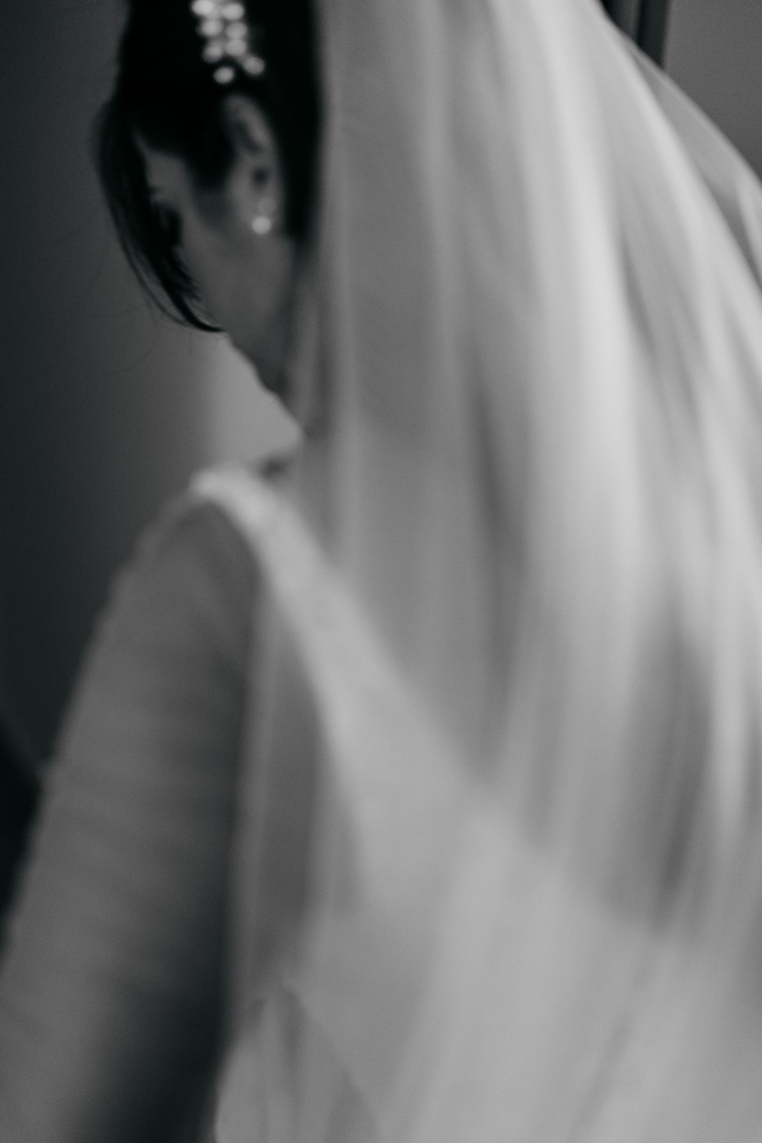 Black and white silhouette of a bride wearing a flowing veil.